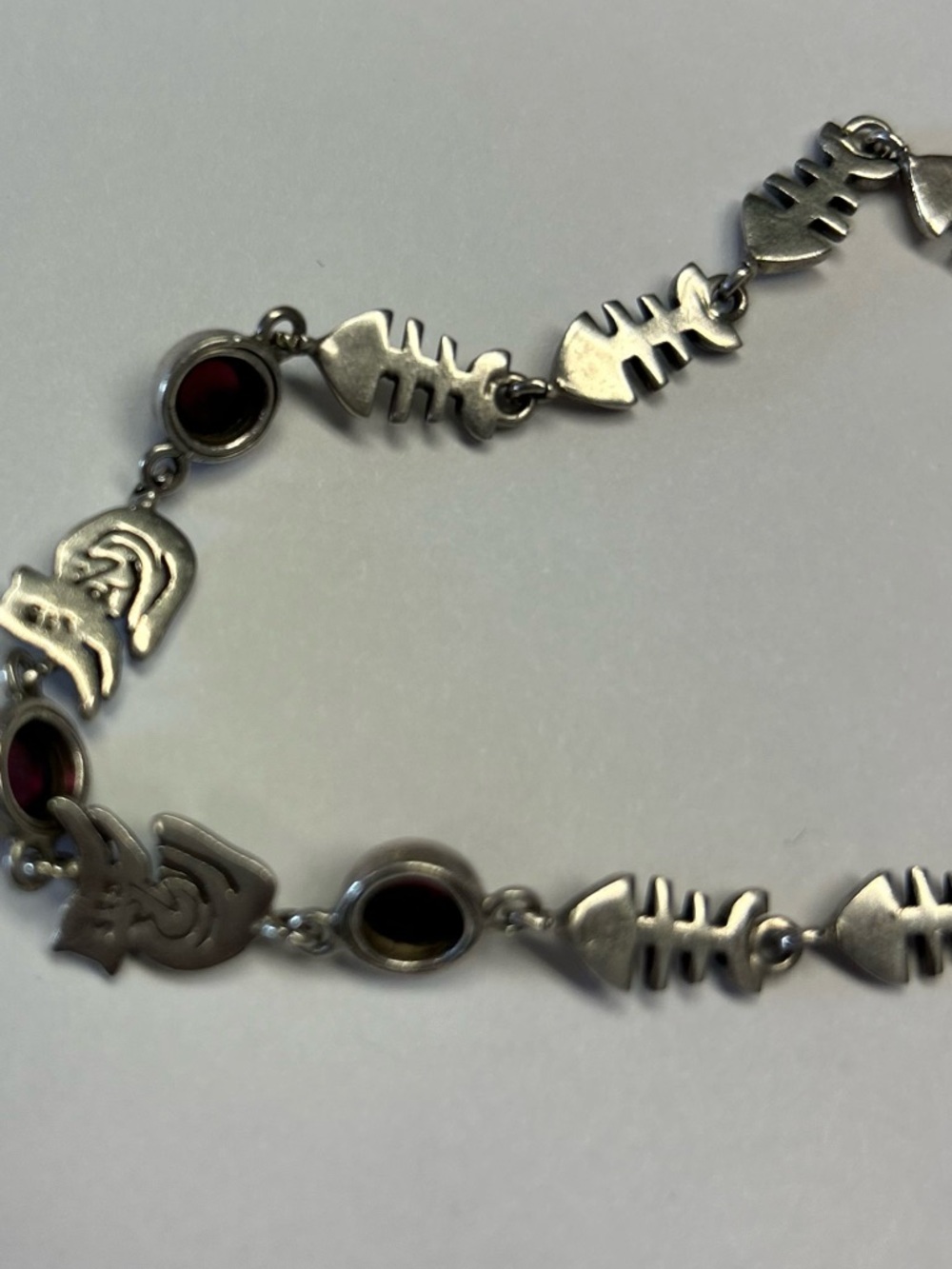 Vintage Fish bones cat garnet gemstone link bracelet sterling silver 925 - Picture 9 of 16